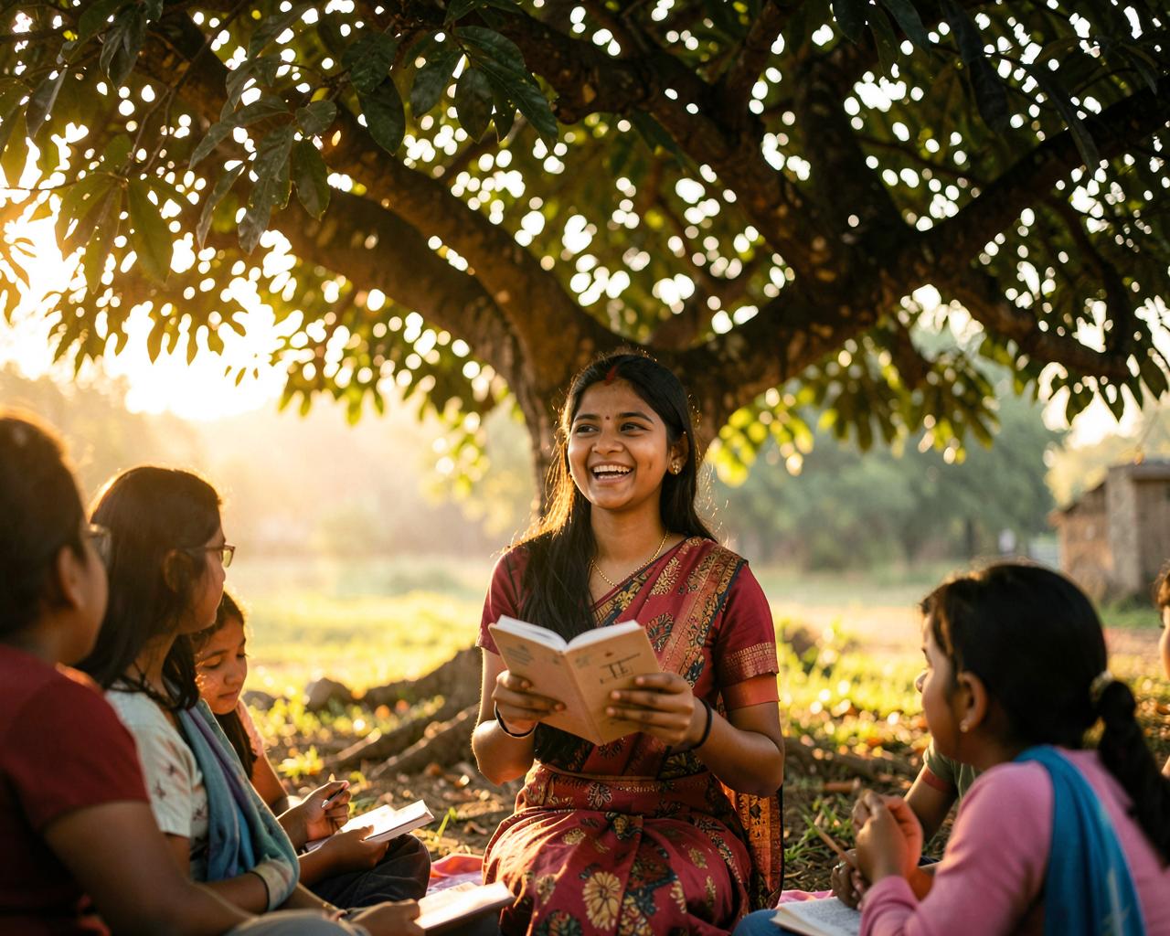 A young woman reading with children under a tree